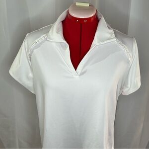 Chico's Classic White Short Sleeve Top size 2 large with ruffle detail